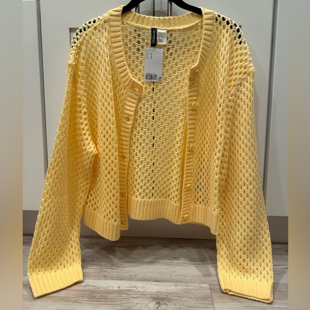 H&M Bright Pastel Yellow Orange Chunky Knit Sweater Cardigan long sleeve - Picture 3 of 11